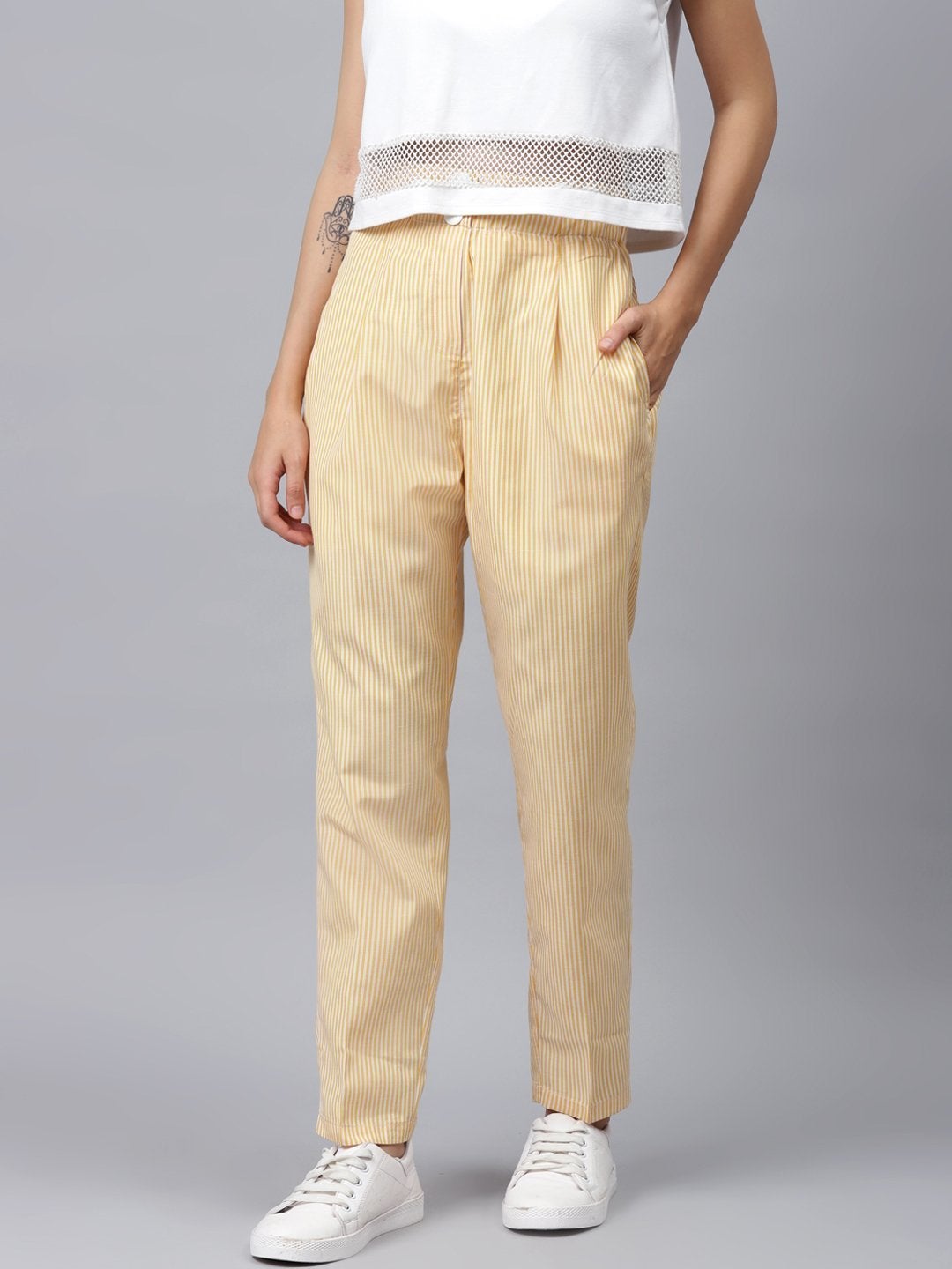 Women's Yellow Stripes Tapered Pants - SASSAFRAS