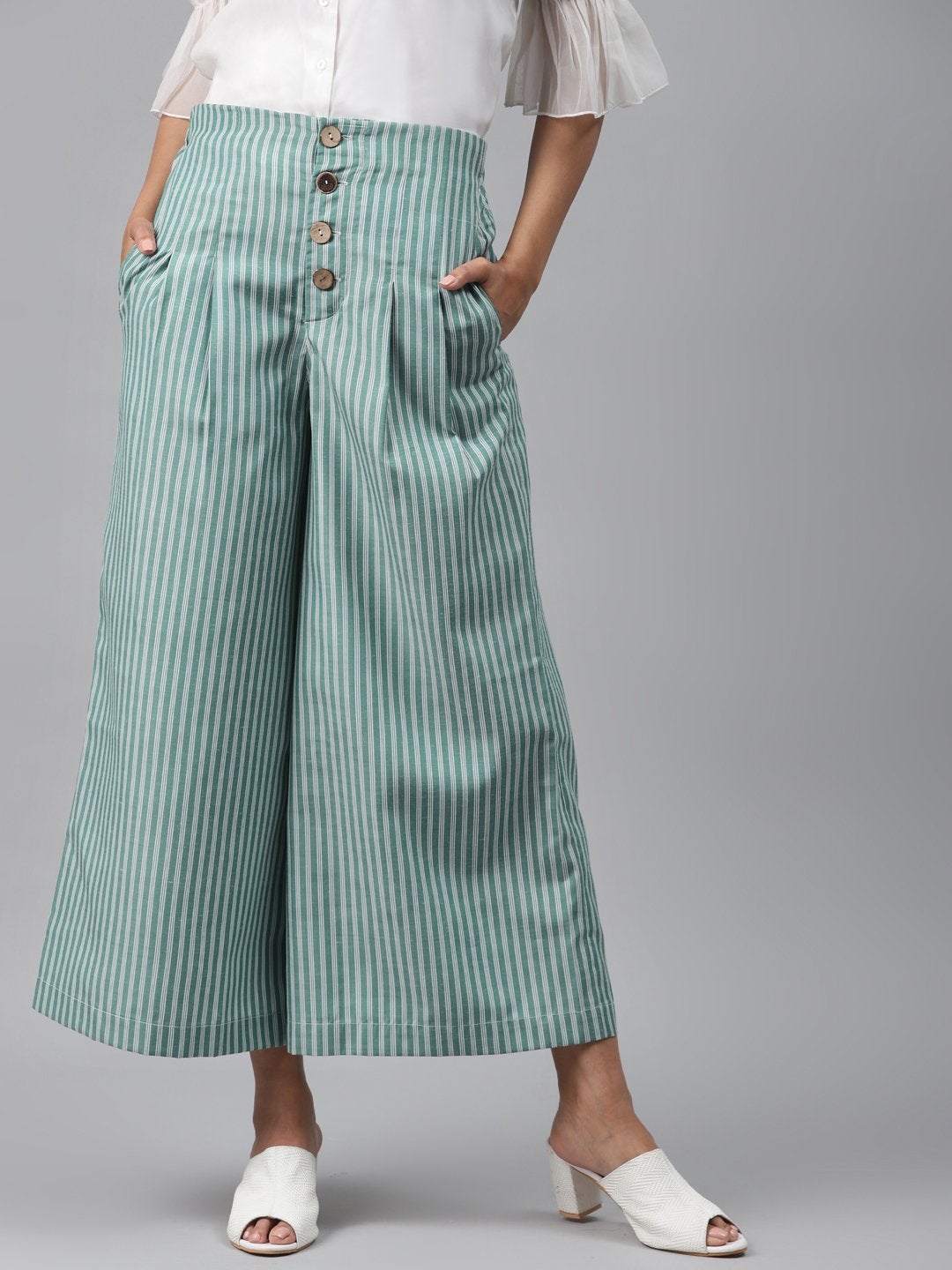 Women's Green Stripes Front Button Flared Pants - SASSAFRAS