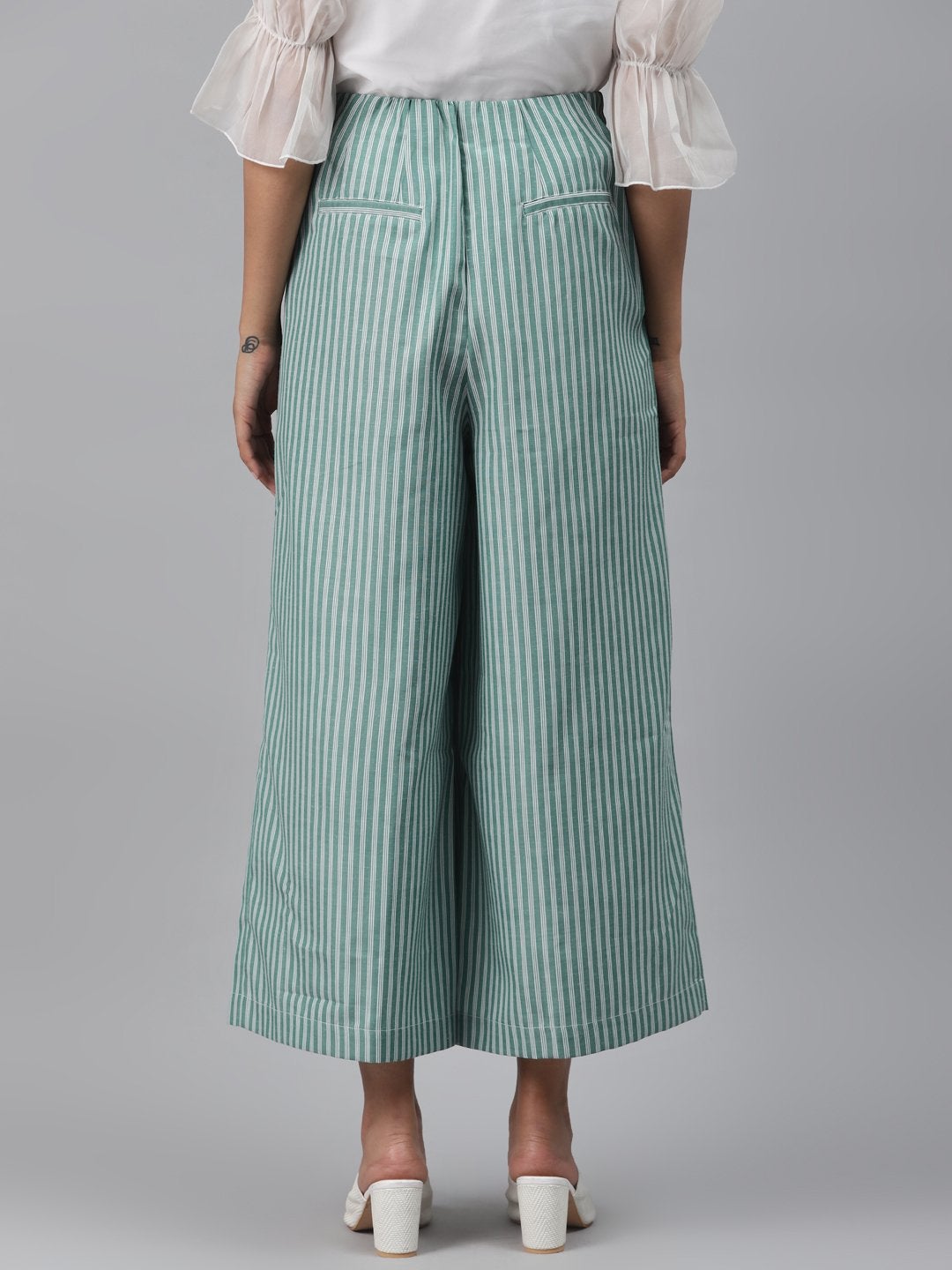 Women's Green Stripes Front Button Flared Pants - SASSAFRAS