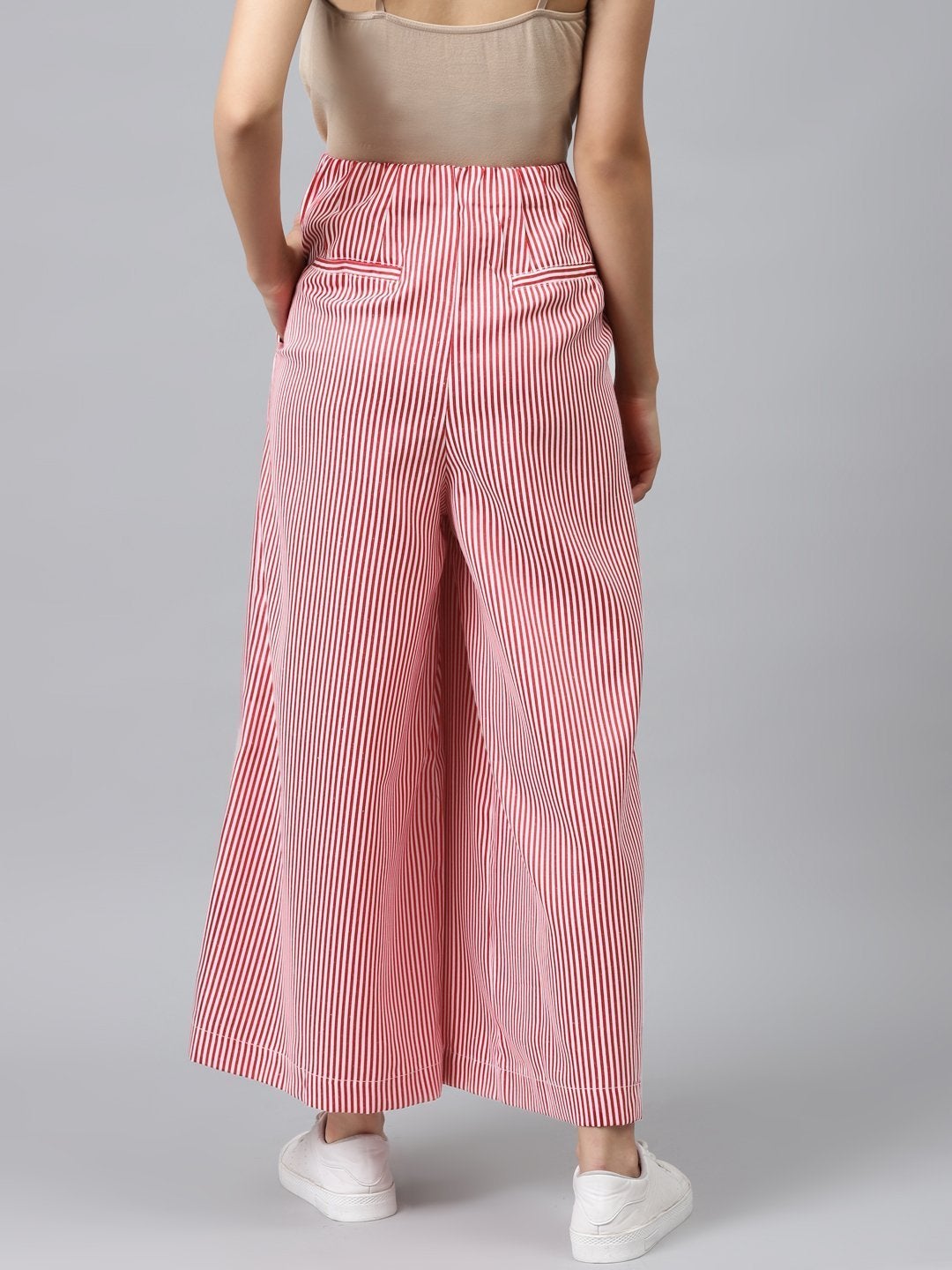 Women's Red Stripes Front Button Flared Pants - SASSAFRAS