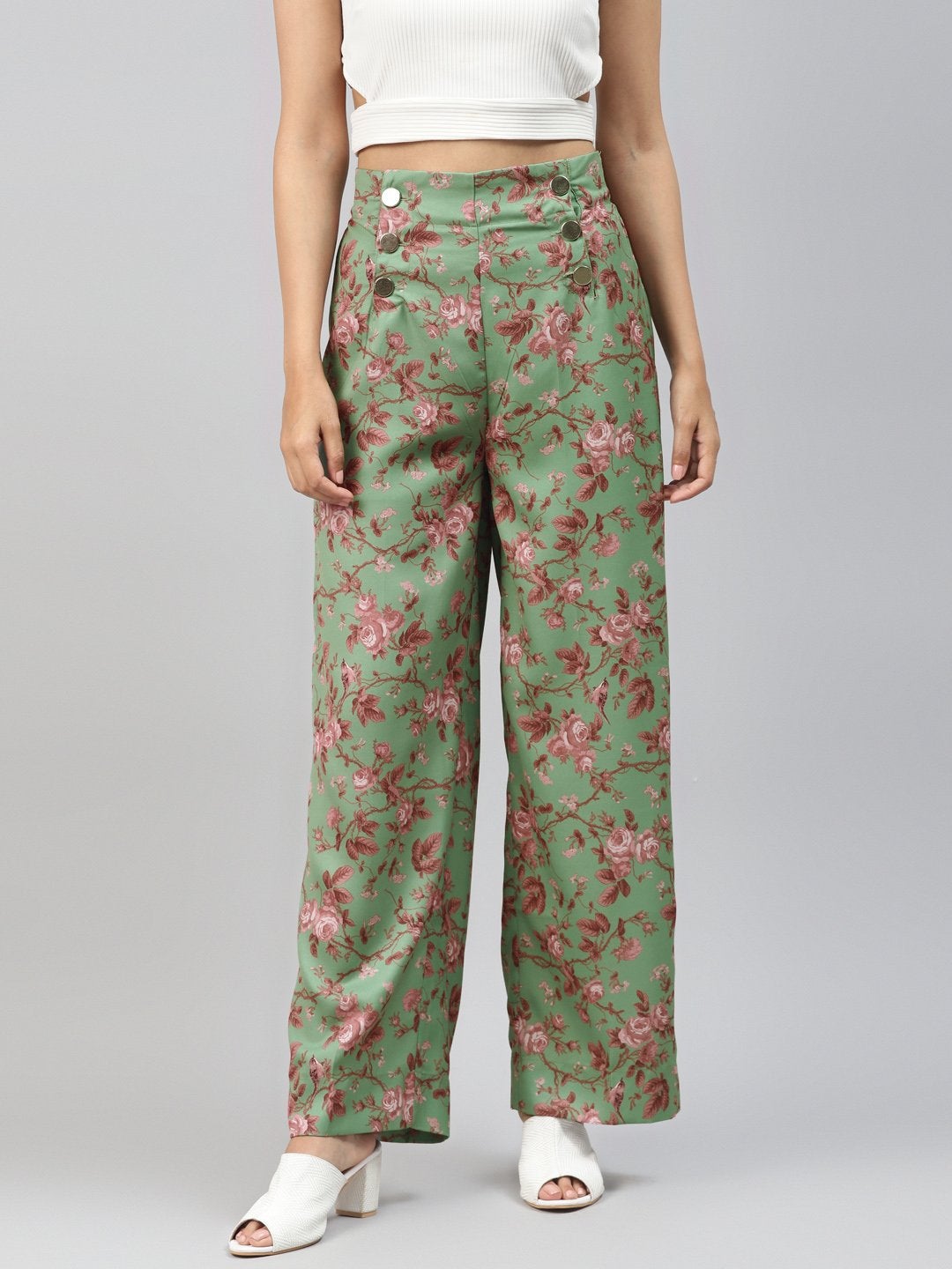 Women's Green Floral Front Button Pants - SASSAFRAS