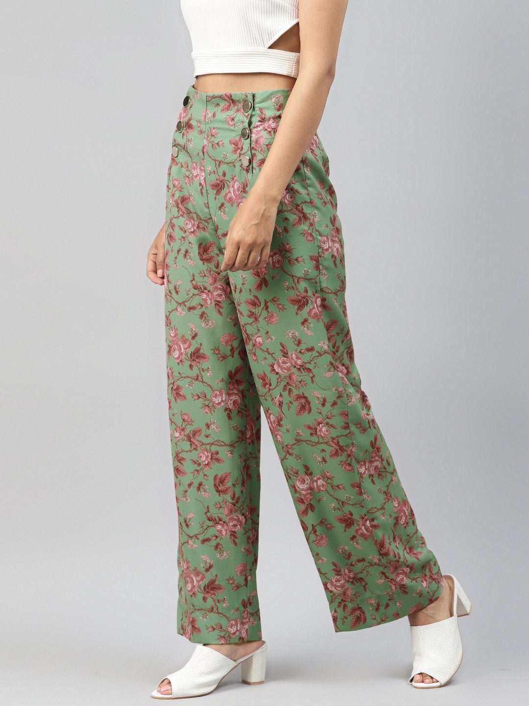 Women's Green Floral Front Button Pants - SASSAFRAS