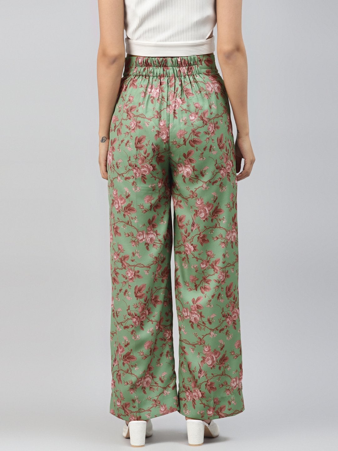 Women's Green Floral Front Button Pants - SASSAFRAS