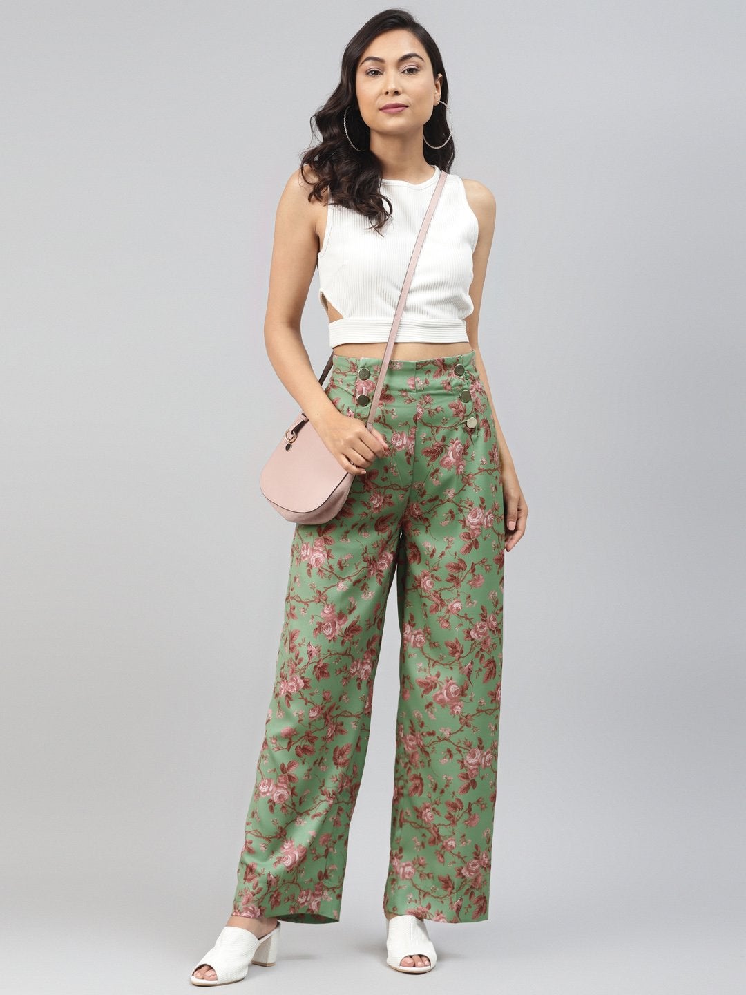 Women's Green Floral Front Button Pants - SASSAFRAS