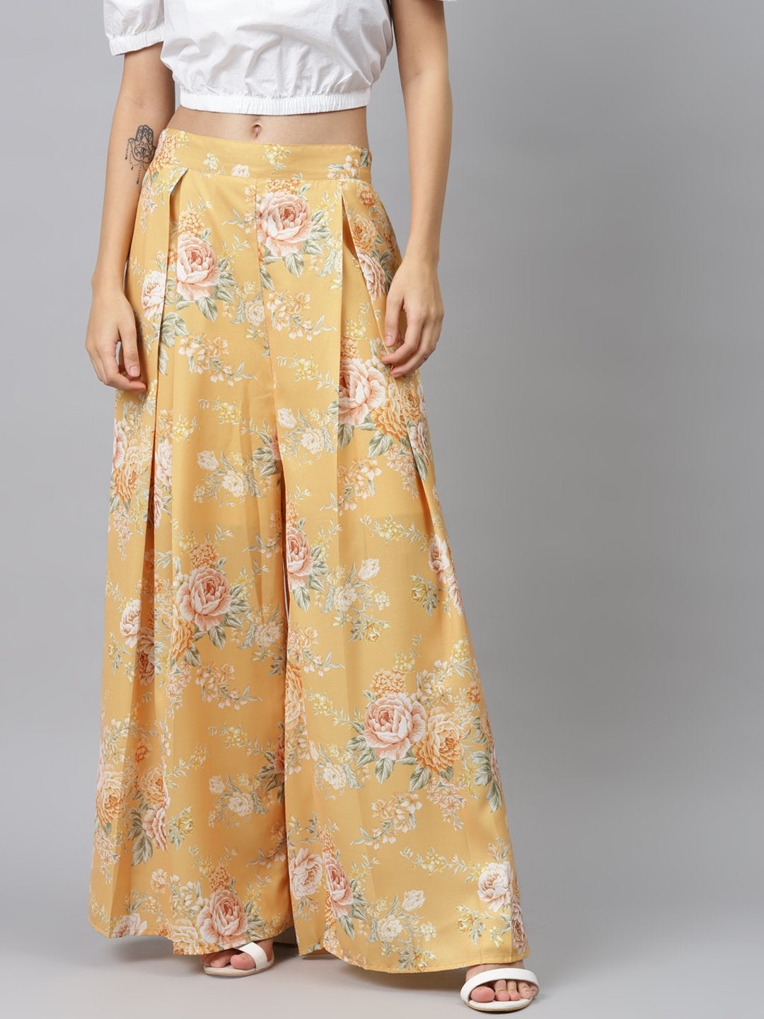 Women's Mustard Floral Pleated Palazzo Pants - SASSAFRAS