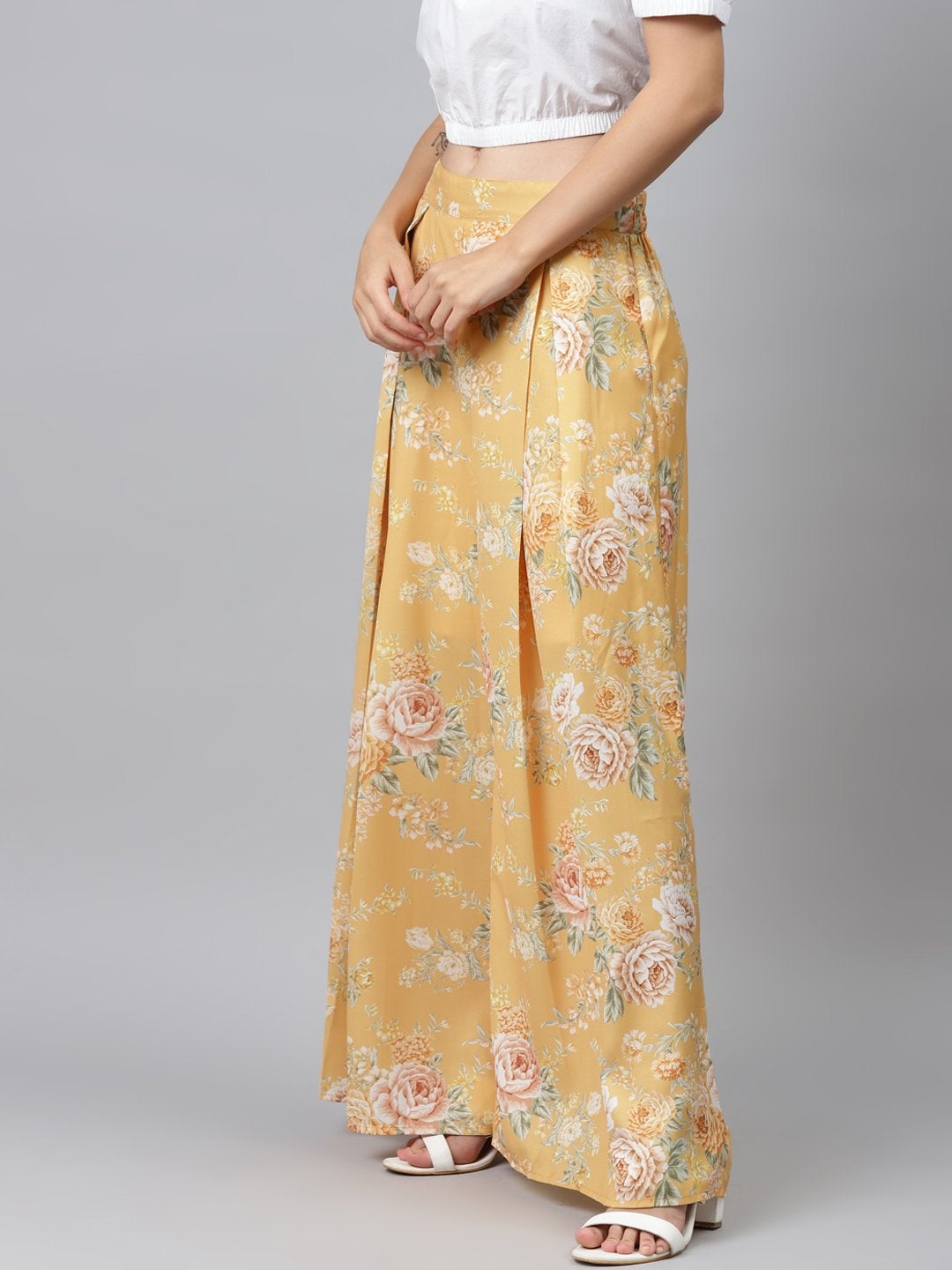 Women's Mustard Floral Pleated Palazzo Pants - SASSAFRAS