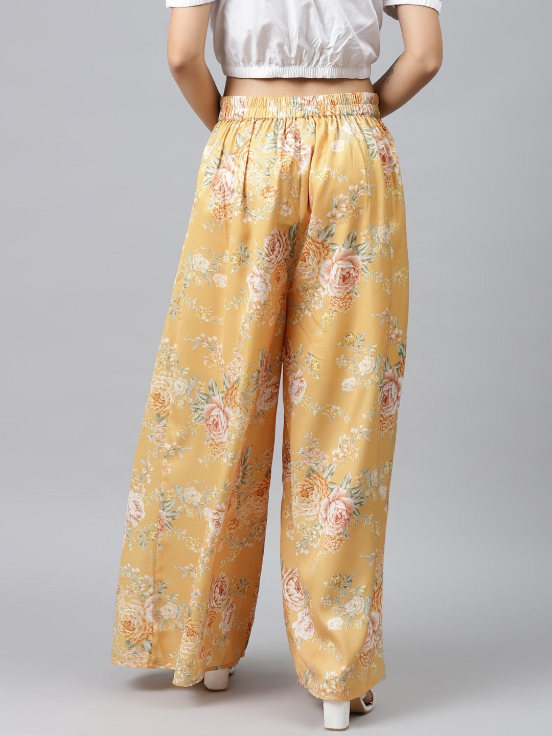 Women's Mustard Floral Pleated Palazzo Pants - SASSAFRAS