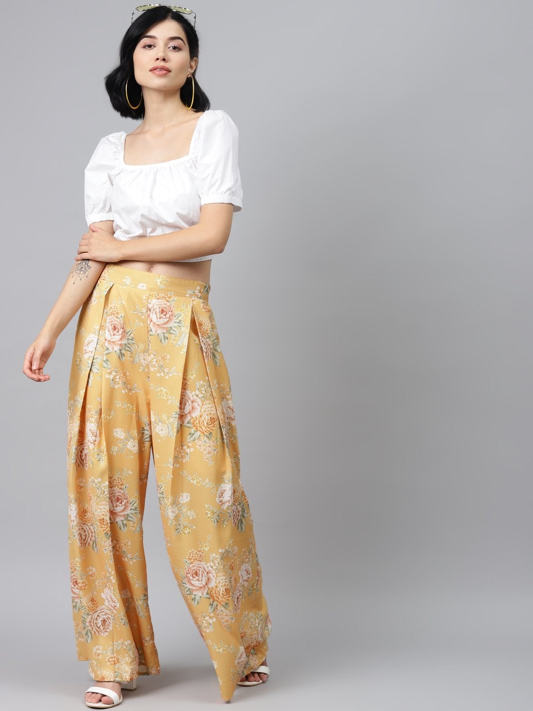 Women's Mustard Floral Pleated Palazzo Pants - SASSAFRAS