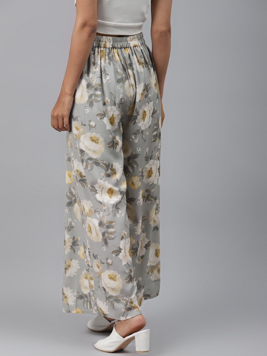 Women's Grey Floral Pleated Palazzo Pants - SASSAFRAS