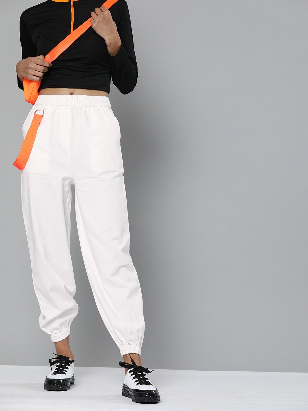 Women's White Contrast Tape Detail Joggers - SASSAFRAS