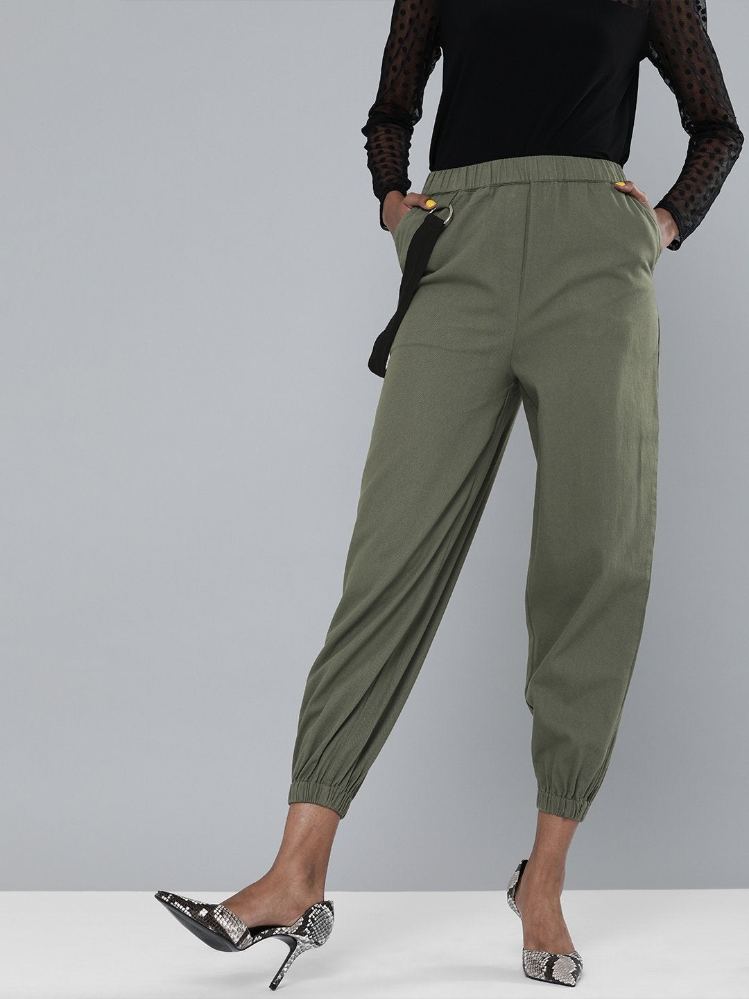 Women's Olive Contrast Tape Detail Joggers - SASSAFRAS