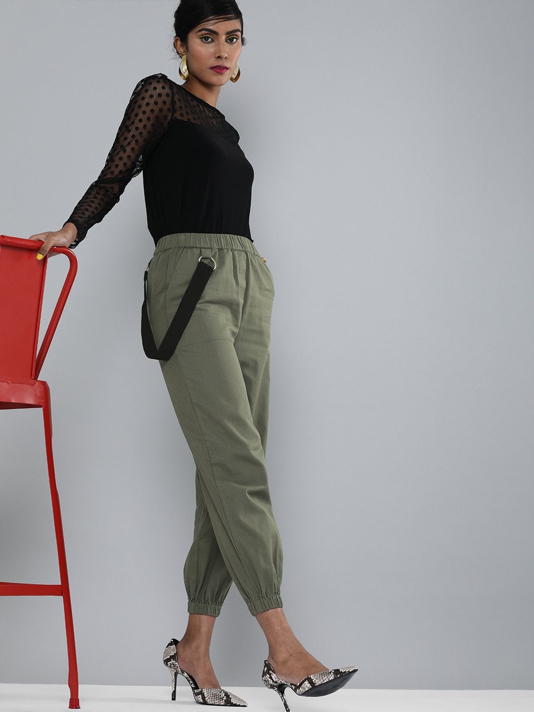 Women's Olive Contrast Tape Detail Joggers - SASSAFRAS