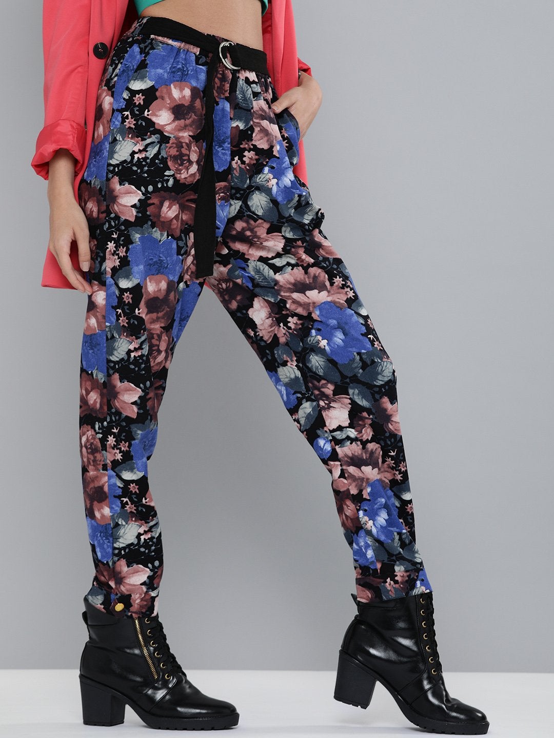 Women's Blue Floral Button Hem Joggers - SASSAFRAS