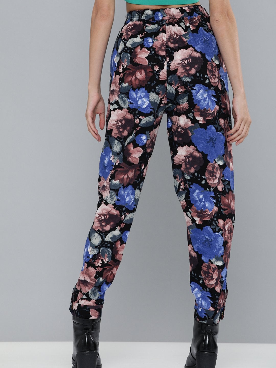 Women's Blue Floral Button Hem Joggers - SASSAFRAS