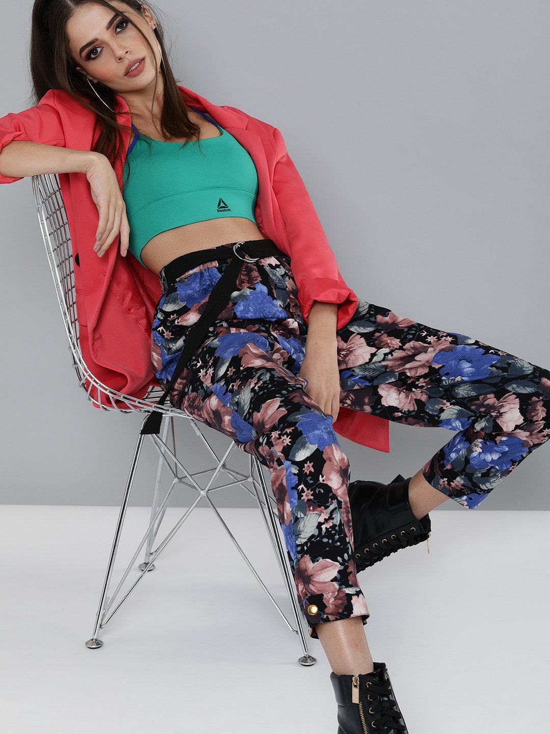 Women's Blue Floral Button Hem Joggers - SASSAFRAS