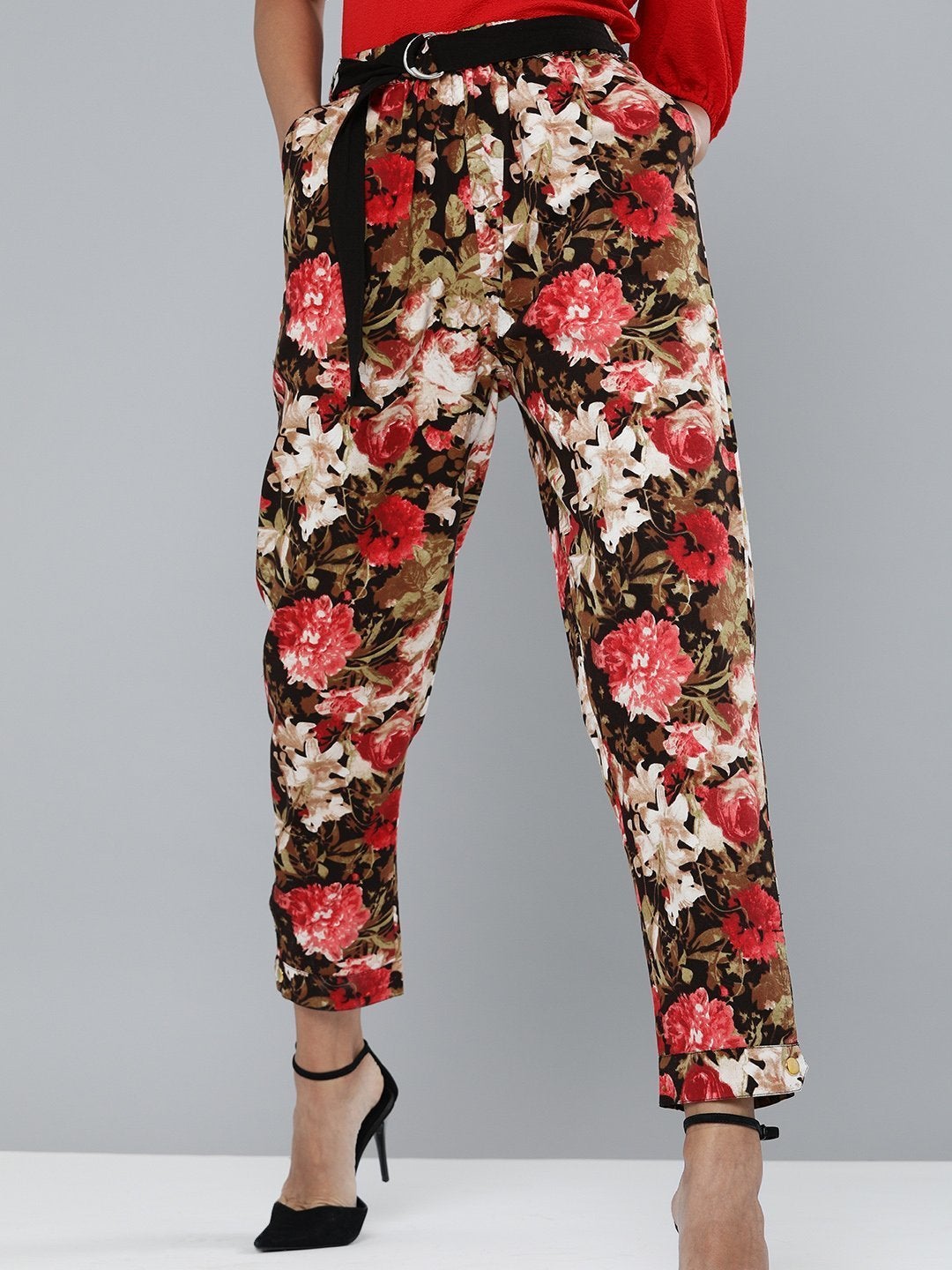 Women's Red Floral Button Hem Joggers - SASSAFRAS