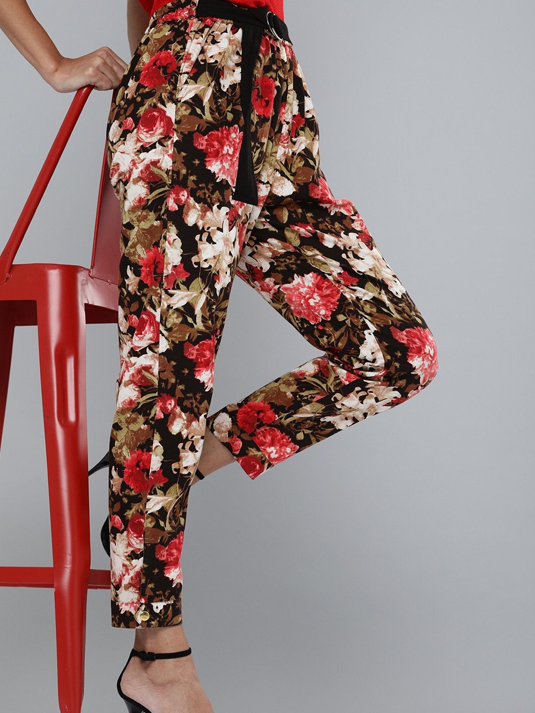 Women's Red Floral Button Hem Joggers - SASSAFRAS