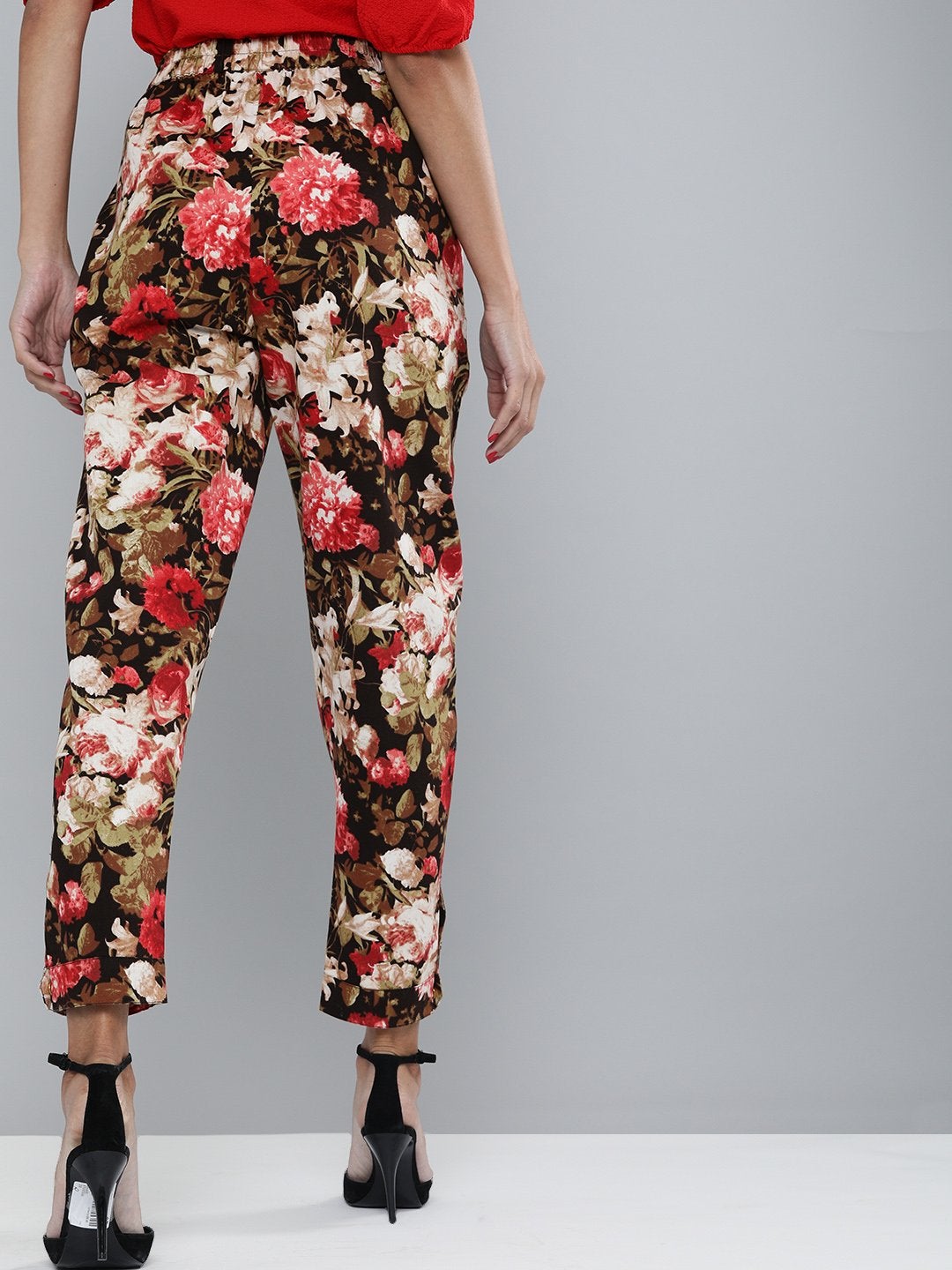 Women's Red Floral Button Hem Joggers - SASSAFRAS