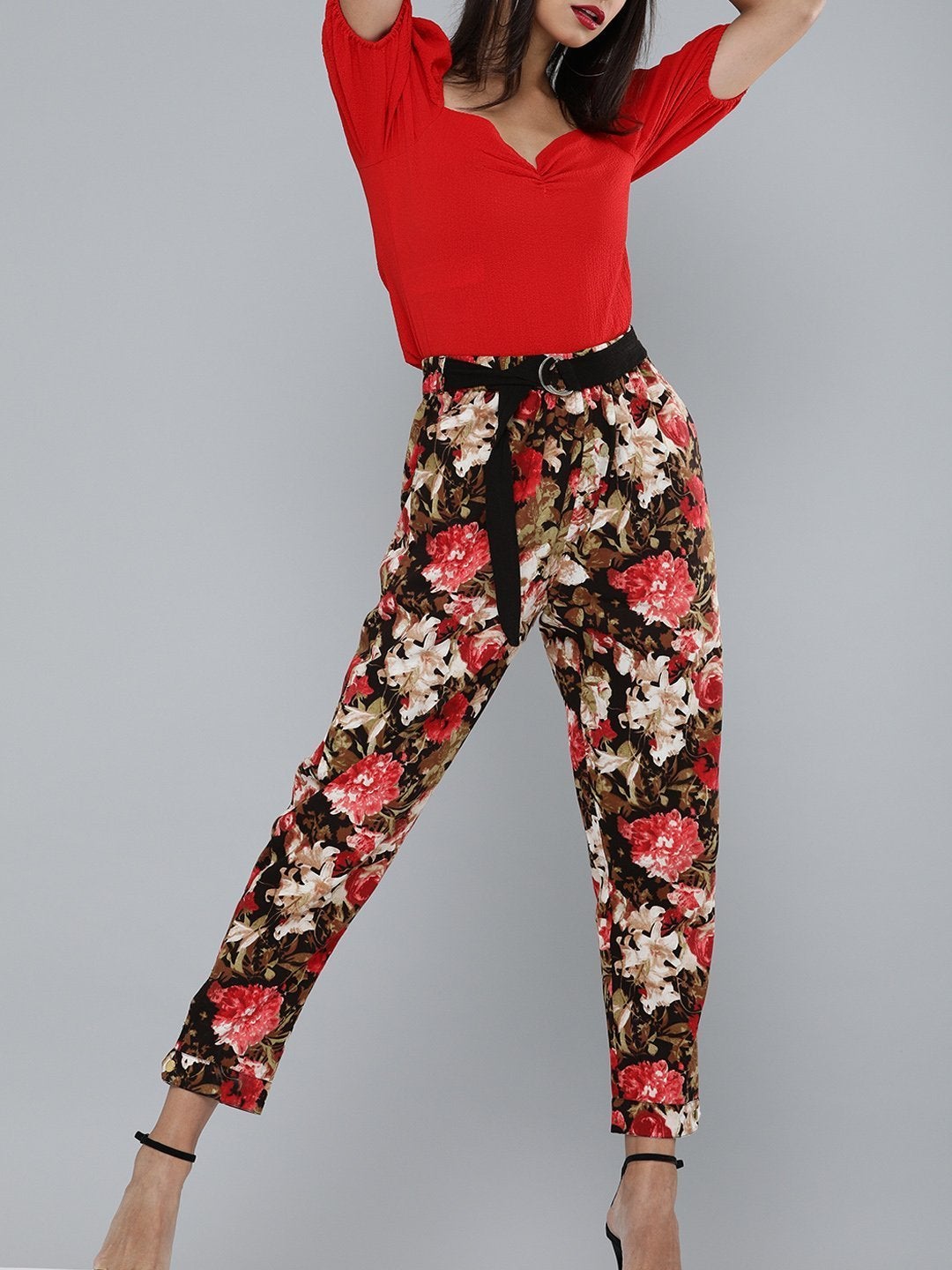 Women's Red Floral Button Hem Joggers - SASSAFRAS