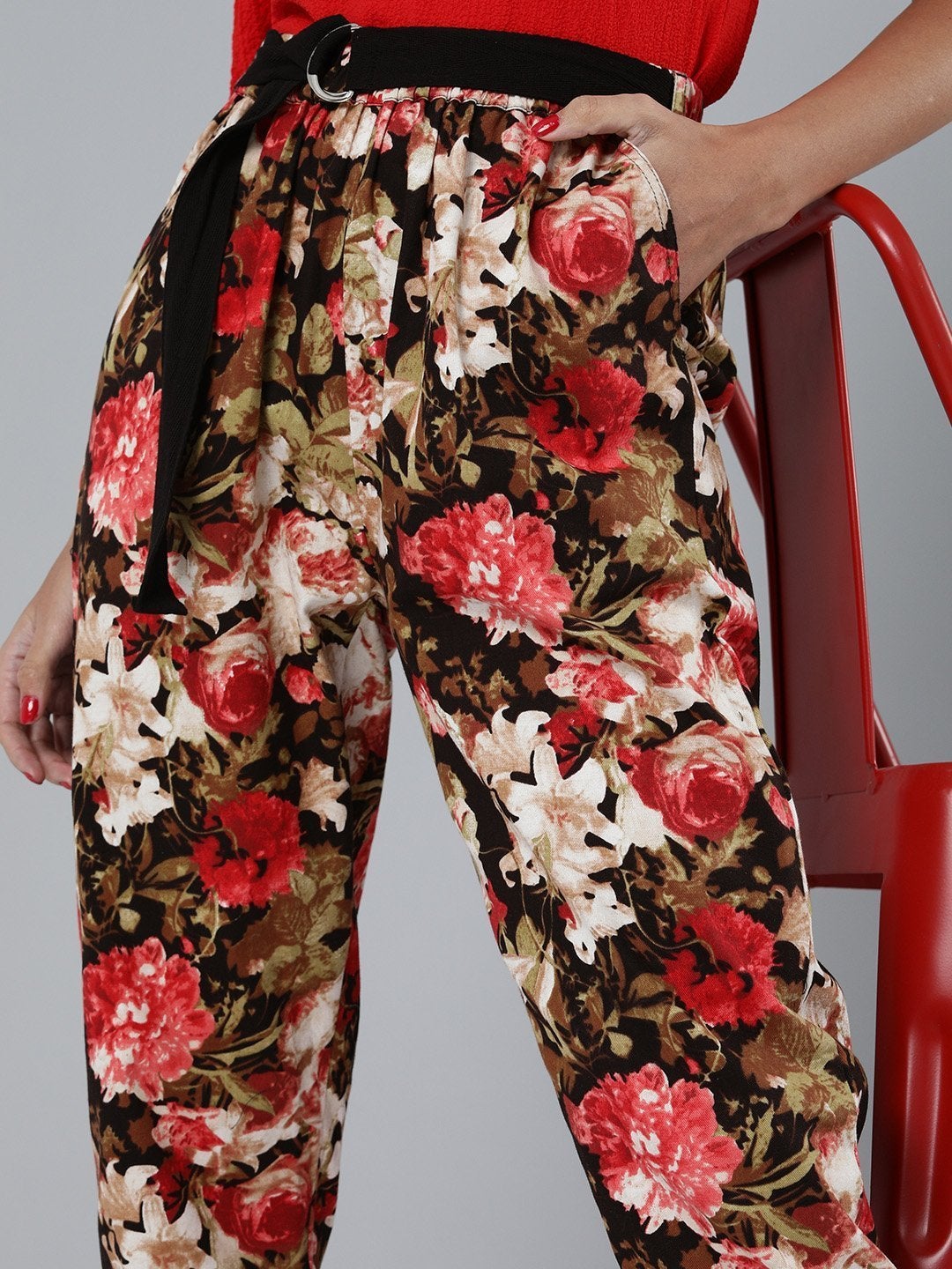 Women's Red Floral Button Hem Joggers - SASSAFRAS