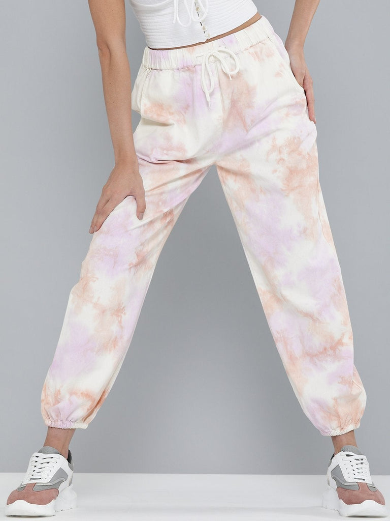 Women's Peach & Purple Tie-Dye Twill Joggers