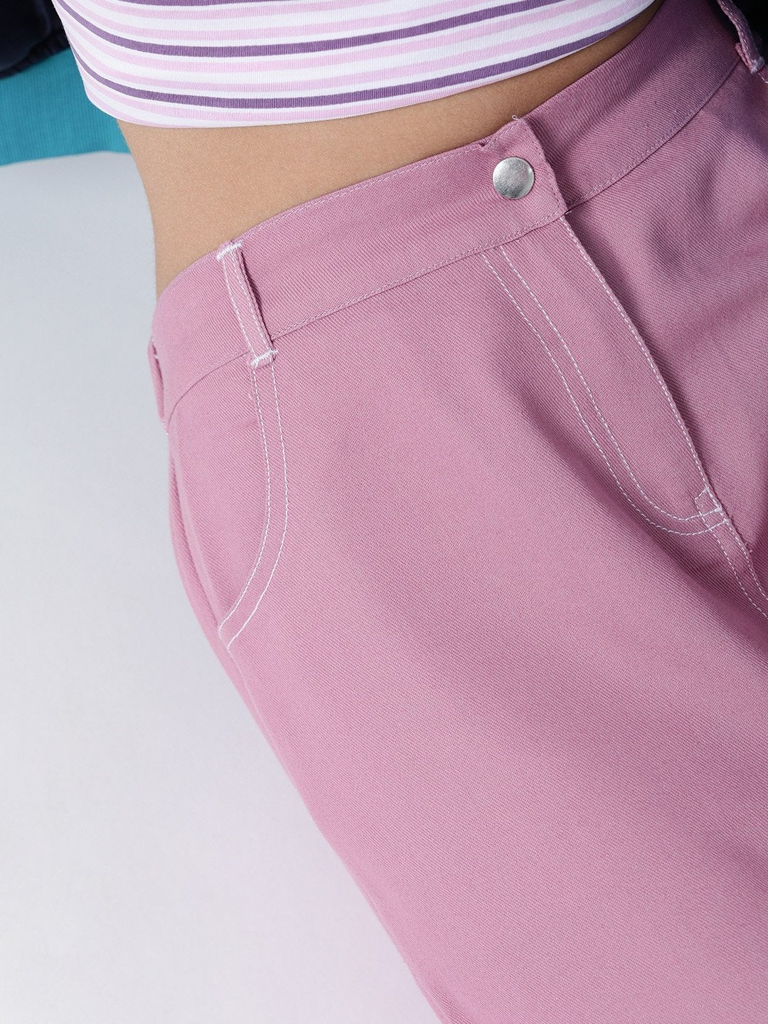 Women's Lavendar Denim Contrast Stitch Wide Pants - SASSAFRAS