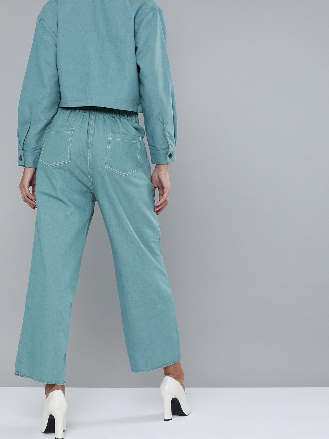 Women's Sea Green Denim Contrast Stitch Wide Pants - SASSAFRAS