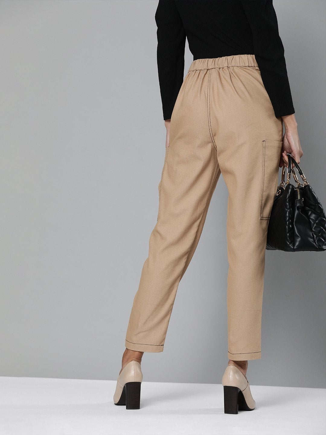 Women's Khaki Contrast Stitch Zipper Fly Pants - SASSAFRAS