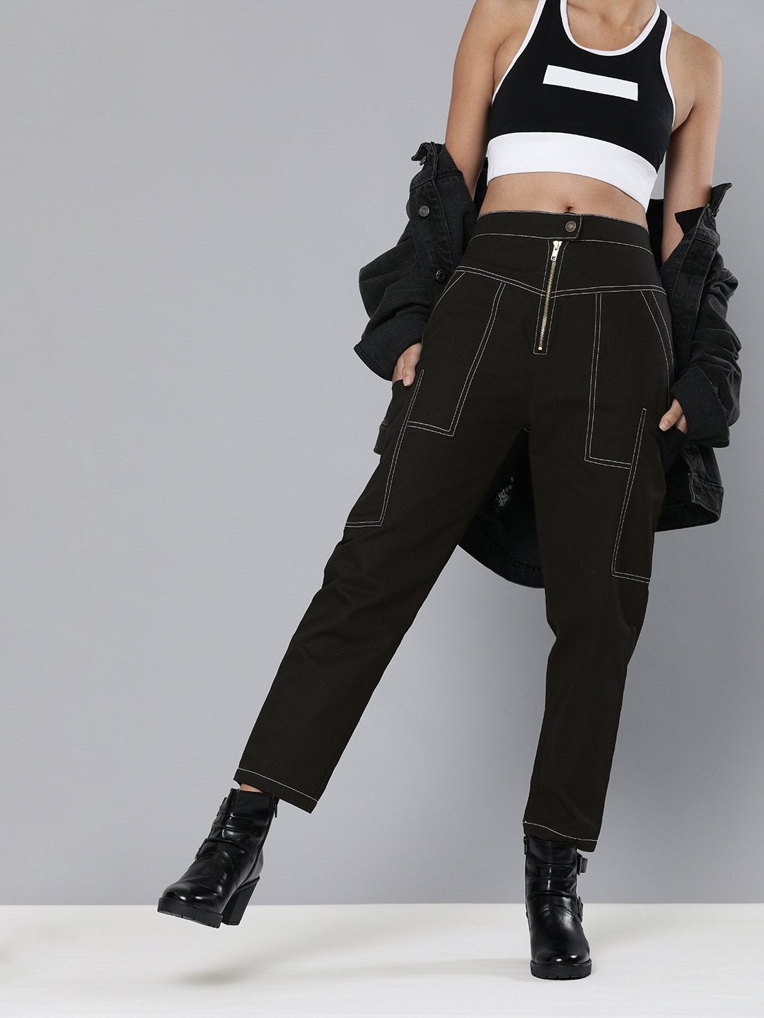 Women's Black Contrast Stitch Zipper Fly Pants - SASSAFRAS