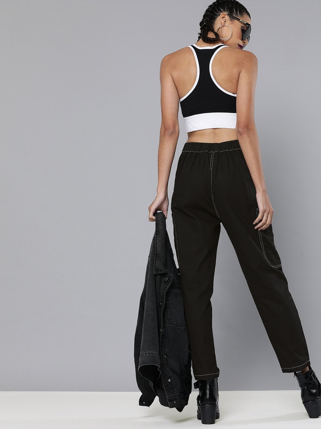 Women's Black Contrast Stitch Zipper Fly Pants - SASSAFRAS