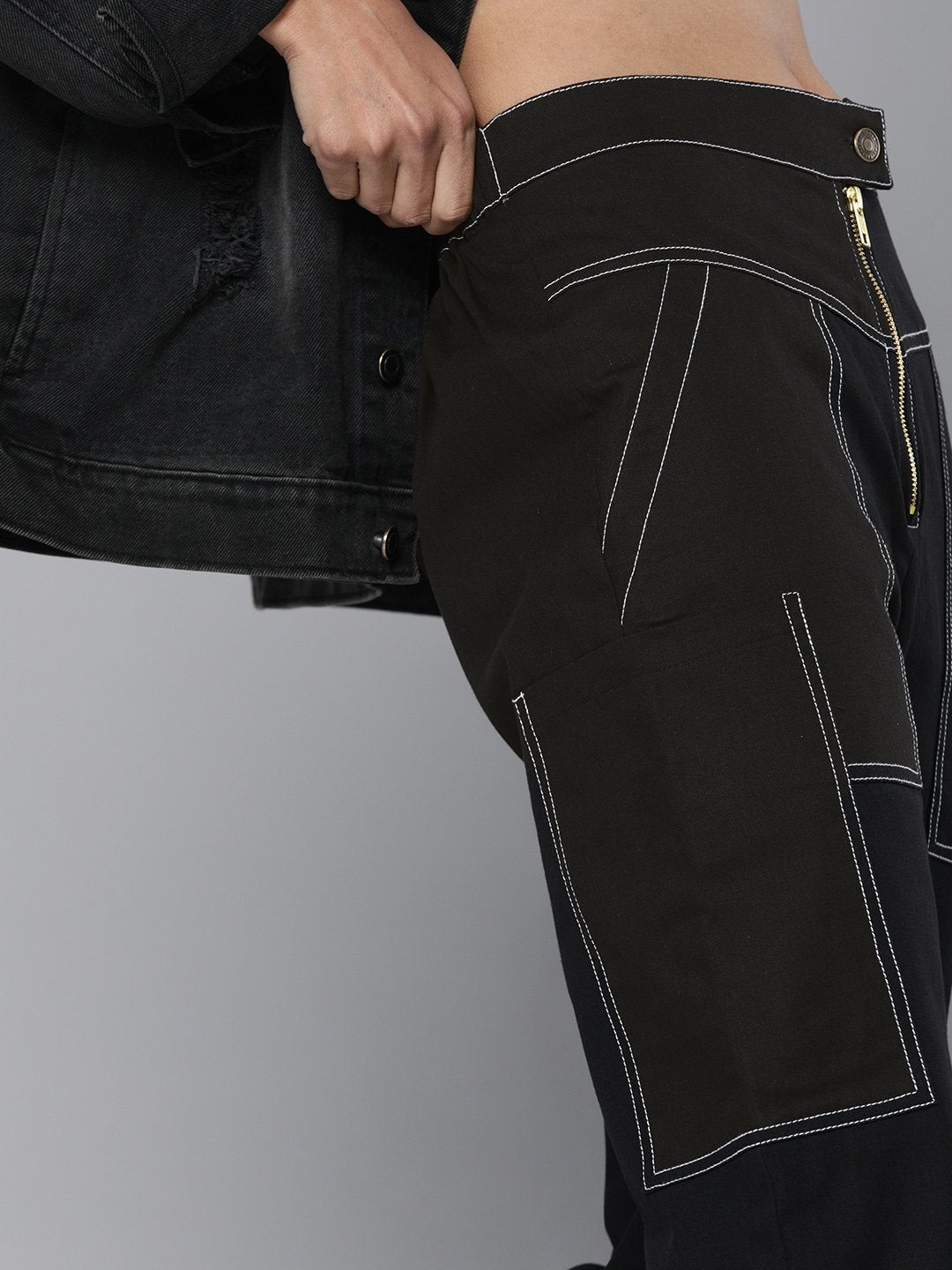 Women's Black Contrast Stitch Zipper Fly Pants - SASSAFRAS