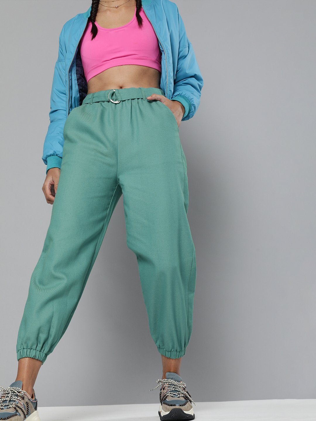 Women's Sea Green Belted Joggers - SASSAFRAS