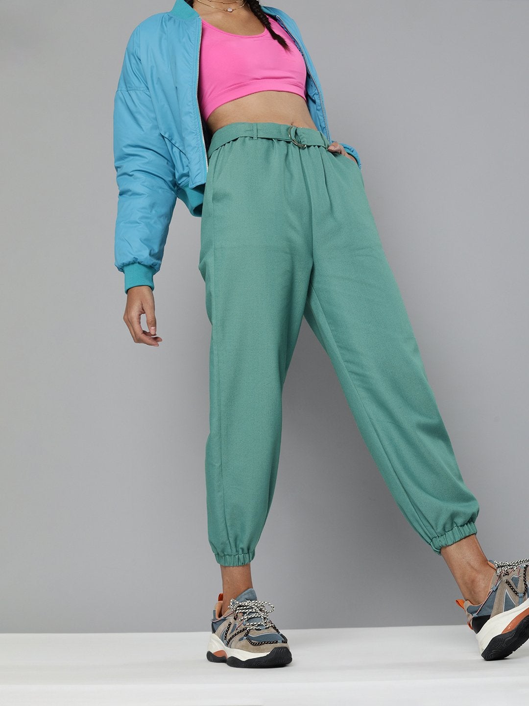 Women's Sea Green Belted Joggers - SASSAFRAS