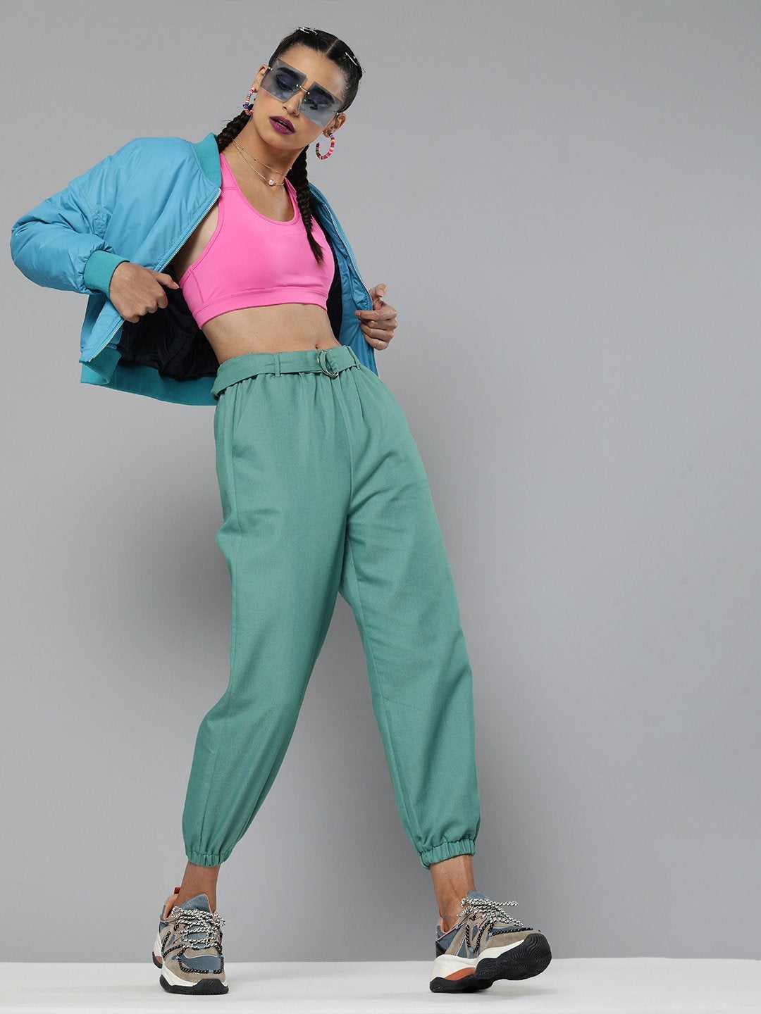 Women's Sea Green Belted Joggers - SASSAFRAS