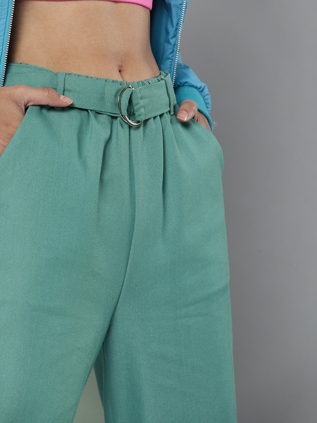 Women's Sea Green Belted Joggers - SASSAFRAS