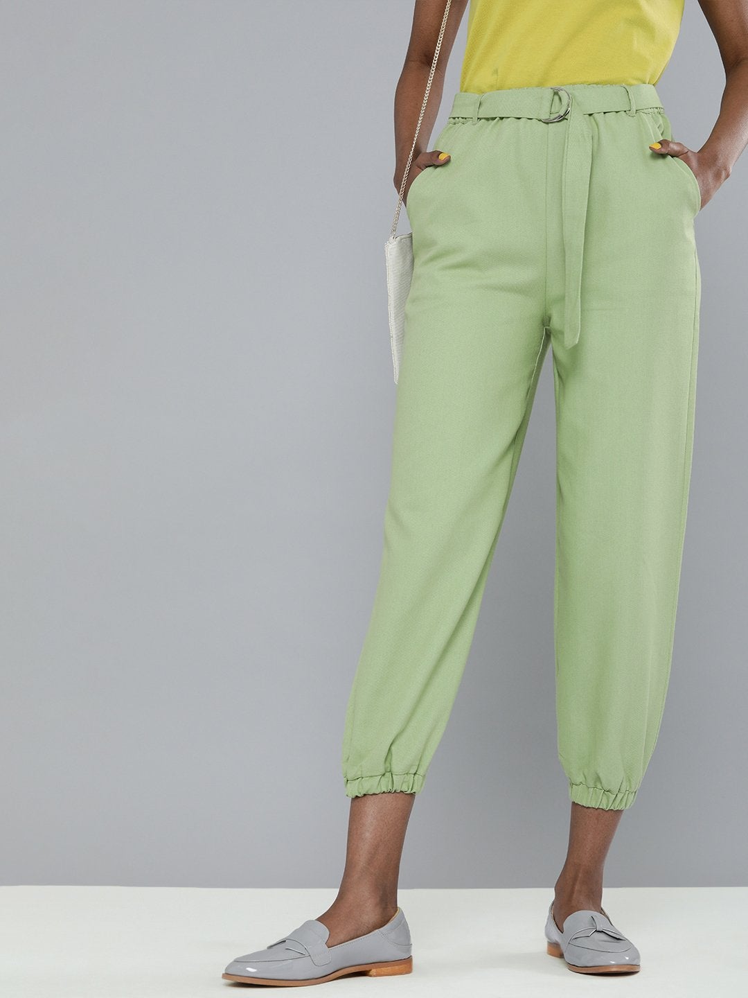 Women's Mint Green Contrast Belted Joggers - SASSAFRAS