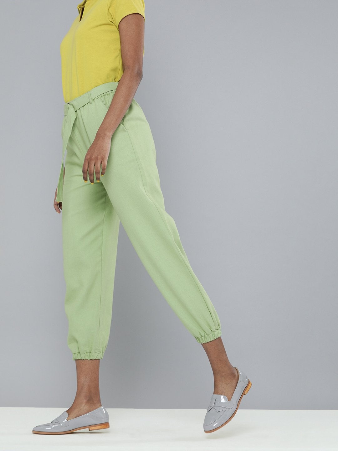 Women's Mint Green Contrast Belted Joggers - SASSAFRAS