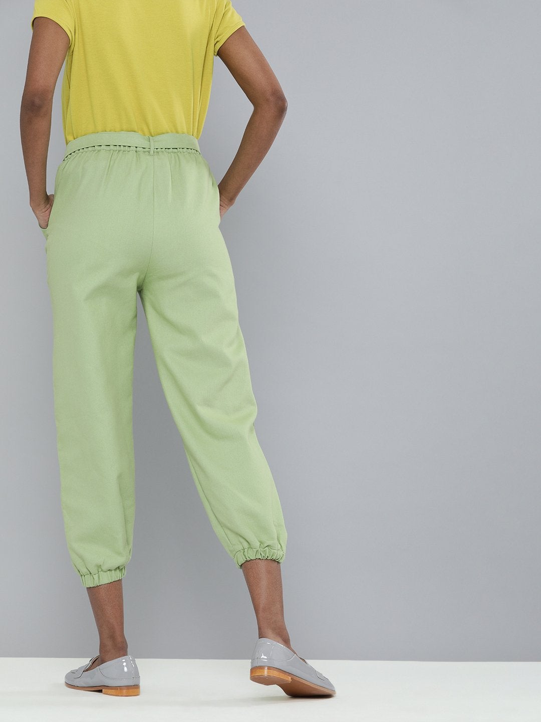 Women's Mint Green Contrast Belted Joggers - SASSAFRAS