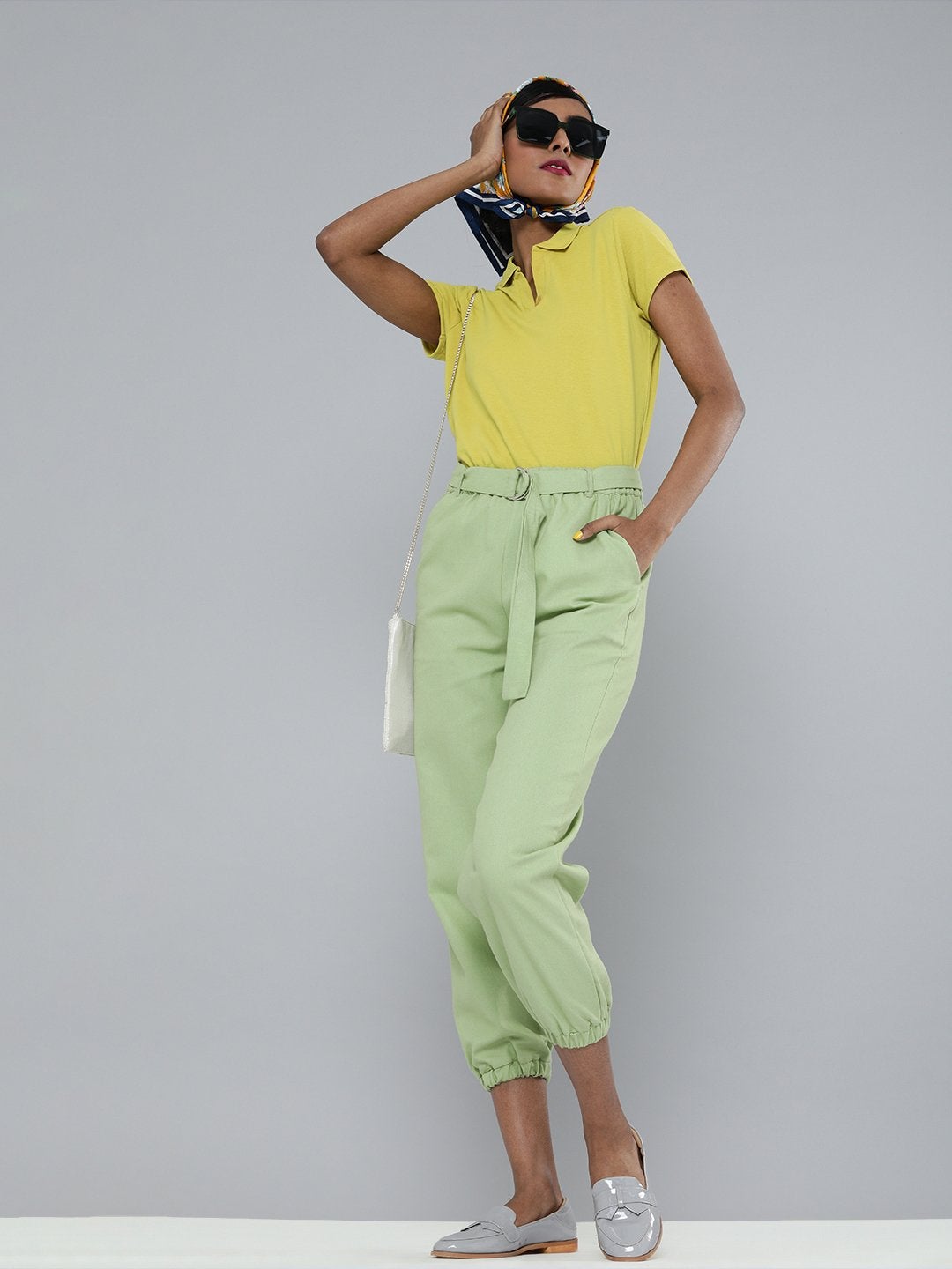 Women's Mint Green Contrast Belted Joggers - SASSAFRAS