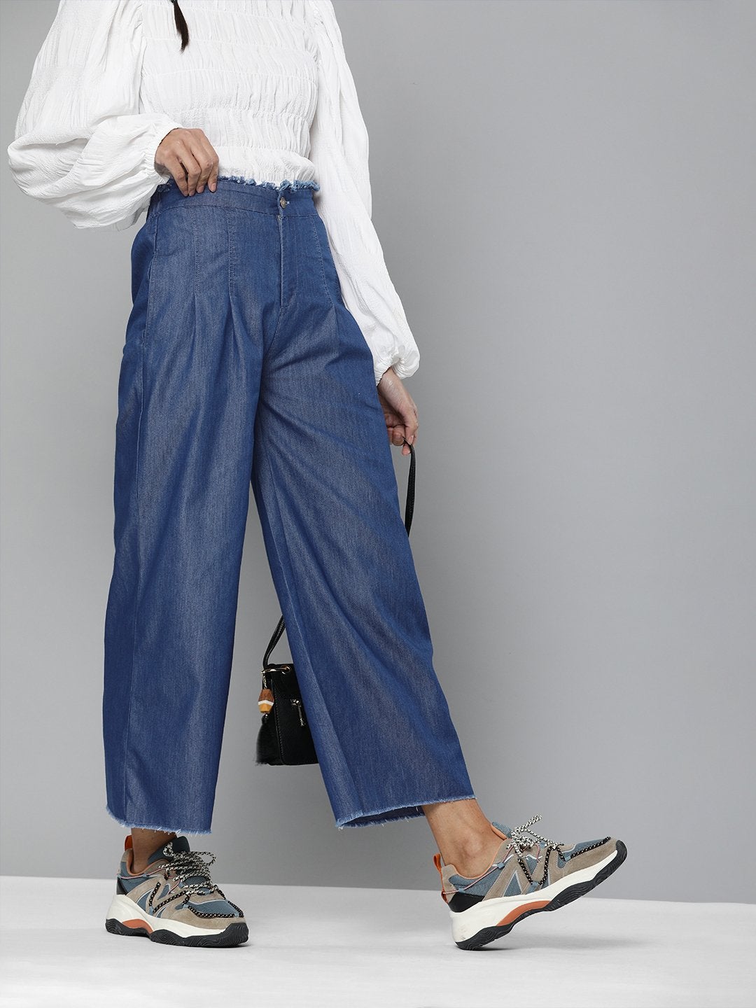 Women's Blue Wide Leg Flared Pants - SASSAFRAS