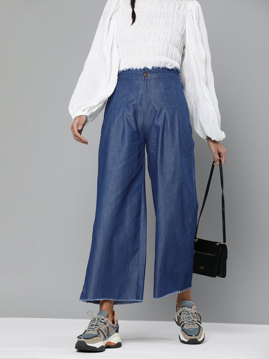 Women's Blue Wide Leg Flared Pants - SASSAFRAS