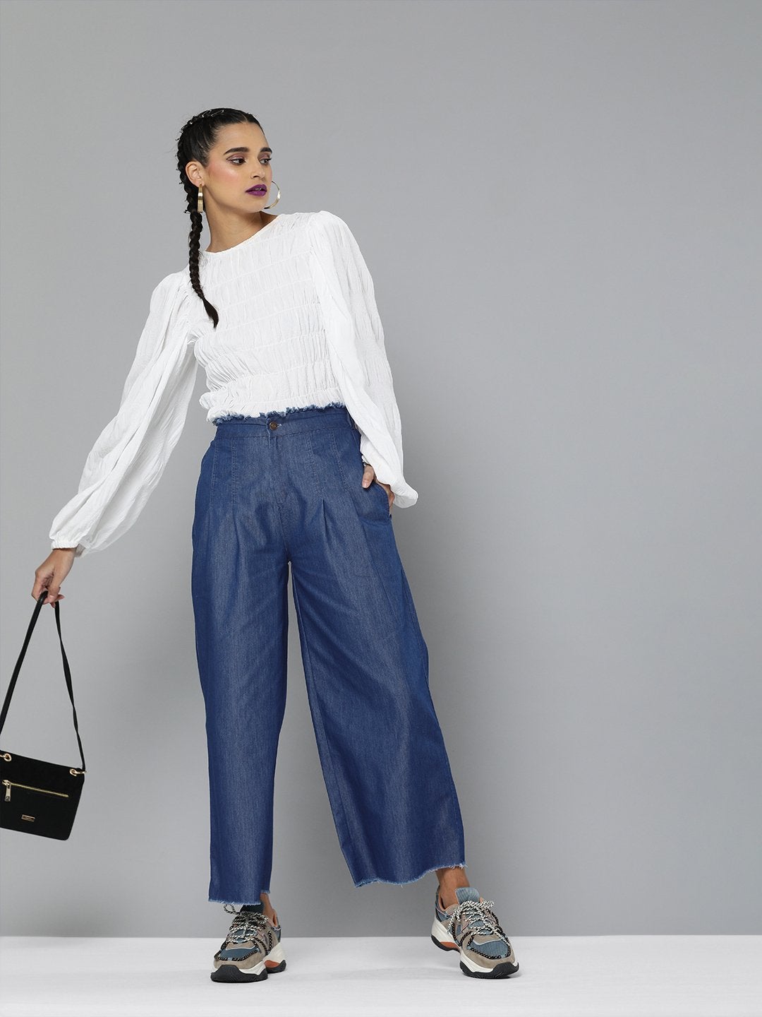 Women's Blue Wide Leg Flared Pants - SASSAFRAS