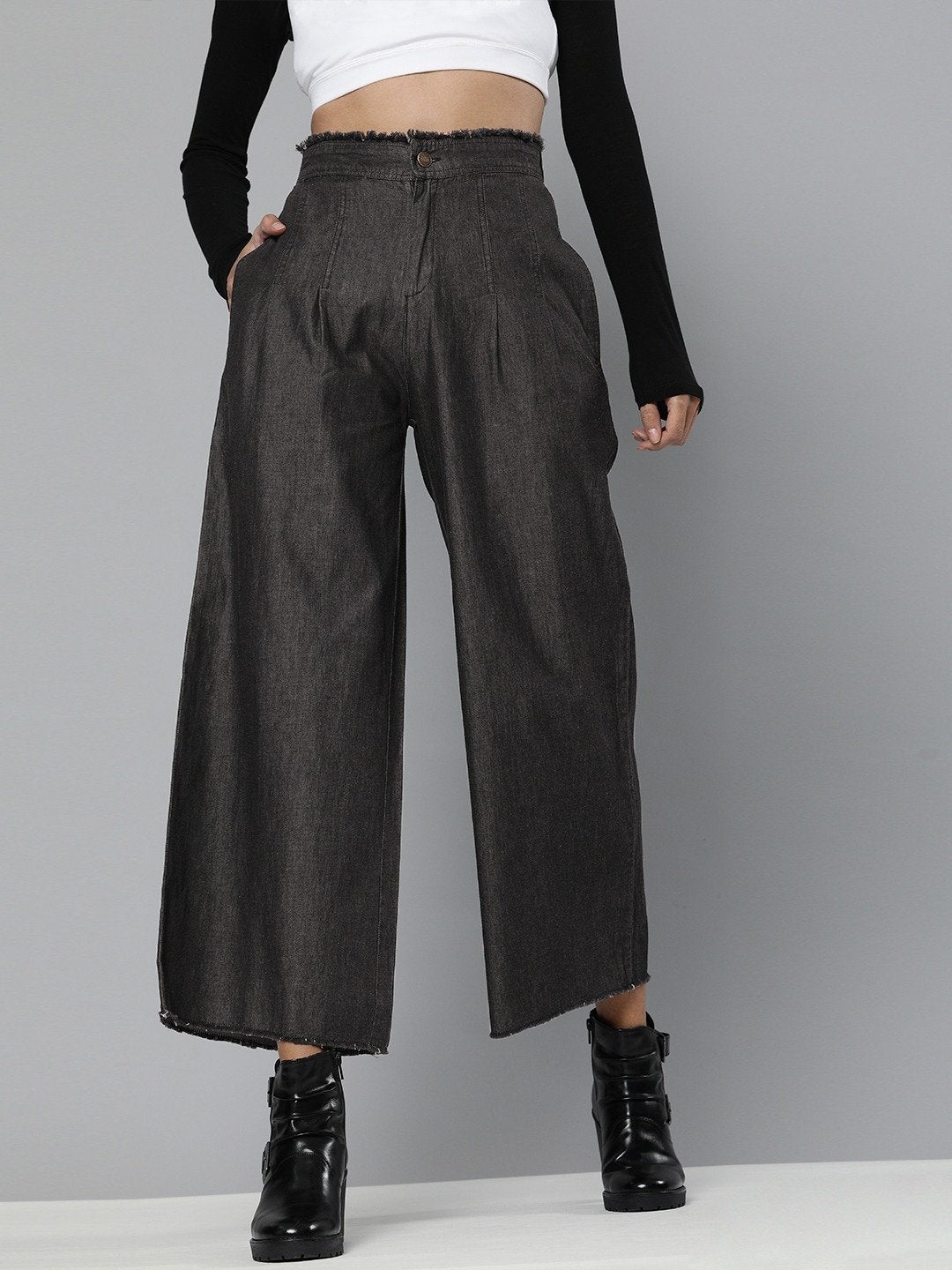 Women's Black Wide Leg Flared Pants - SASSAFRAS