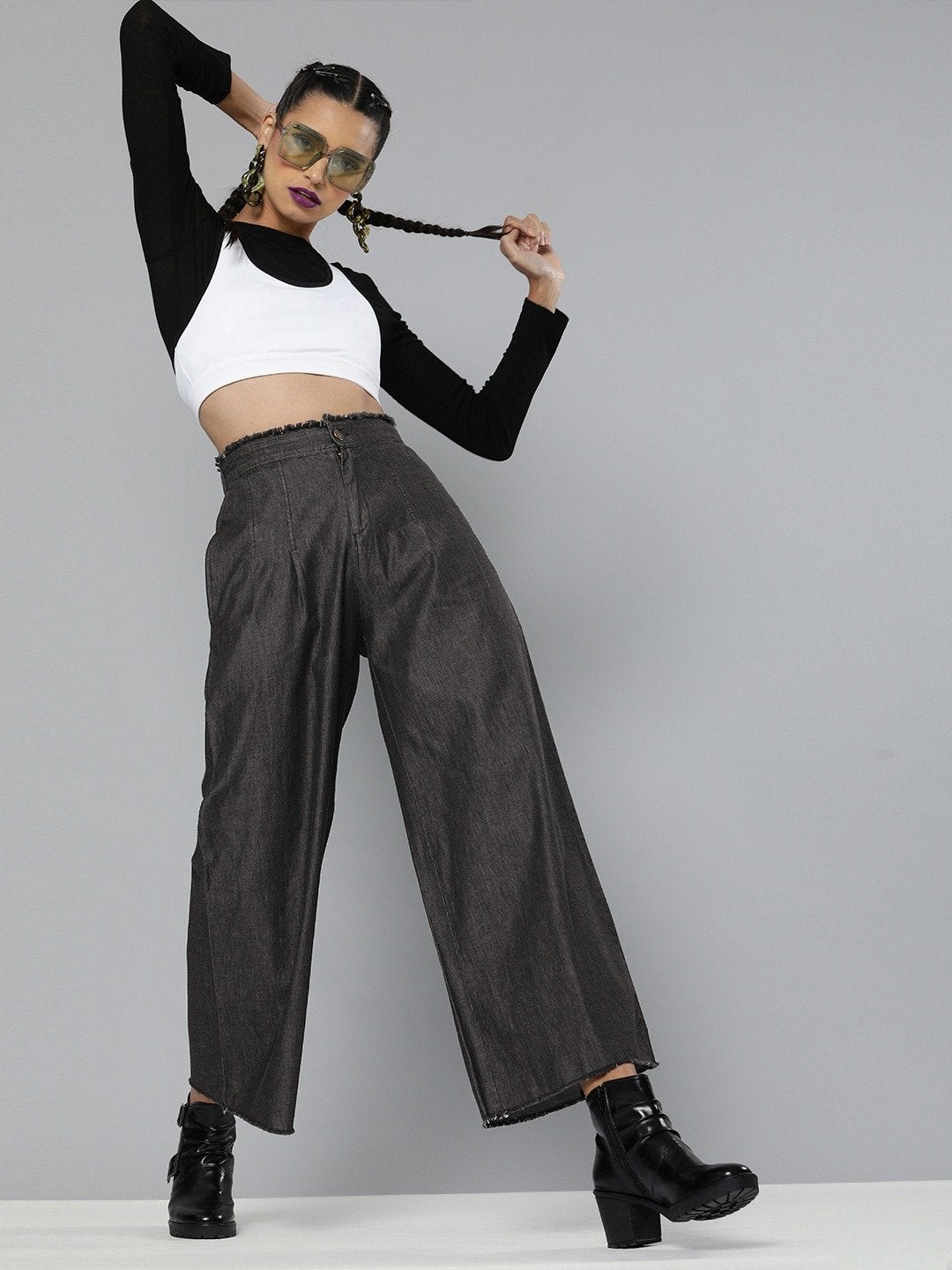 Women's Black Wide Leg Flared Pants - SASSAFRAS