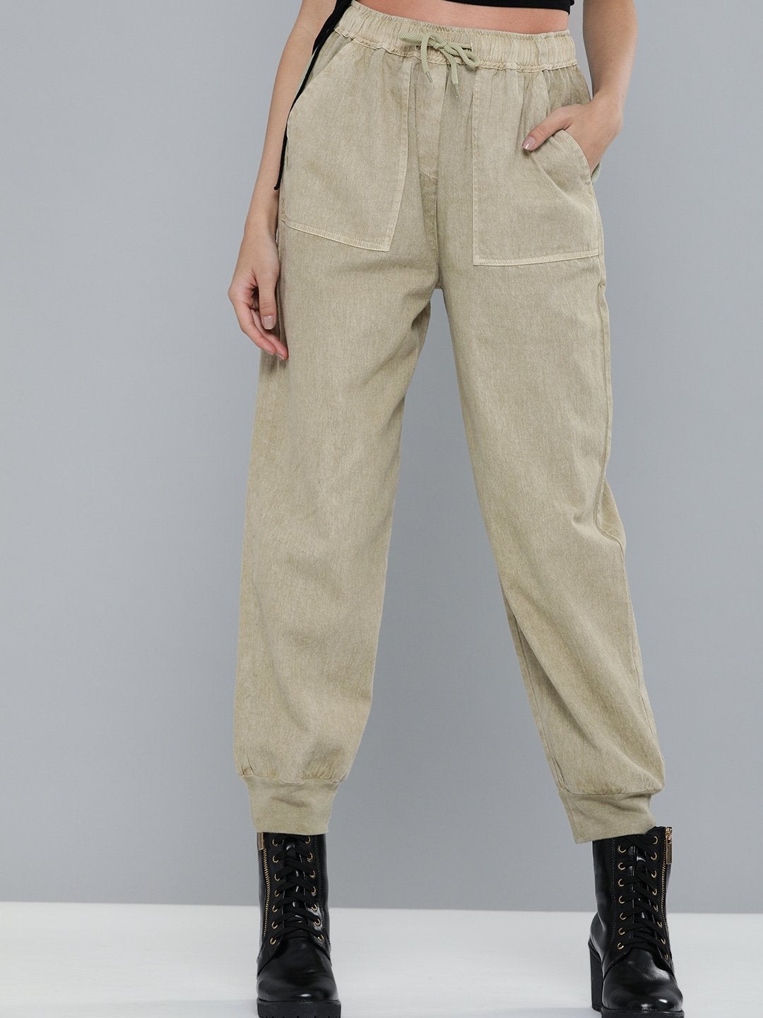 Women's Olive Pigment Wash Rib Hem Joggers - SASSAFRAS