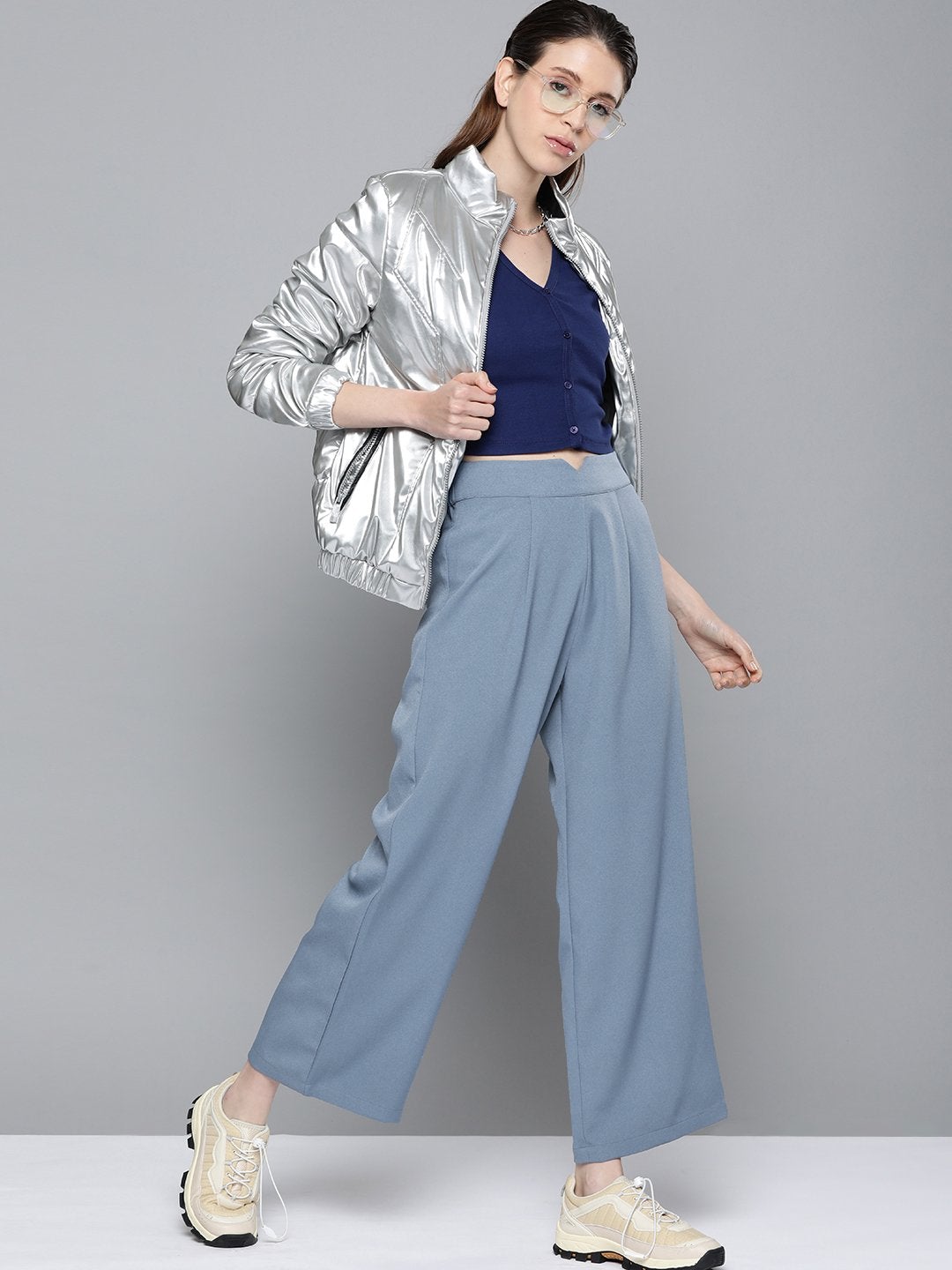 Women's Blue Flared Palazzo Pants - SASSAFRAS