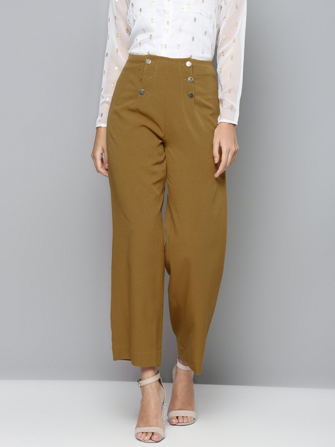 Women's Mustard Gold Button Detail Flared Pants - SASSAFRAS