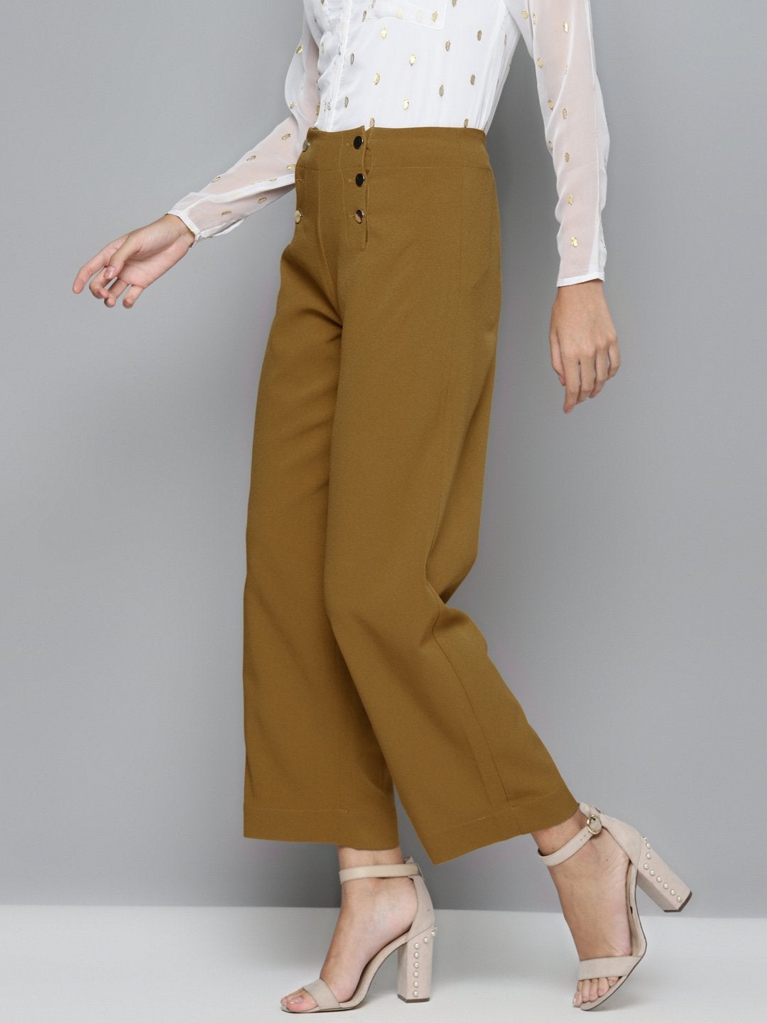 Women's Mustard Gold Button Detail Flared Pants - SASSAFRAS