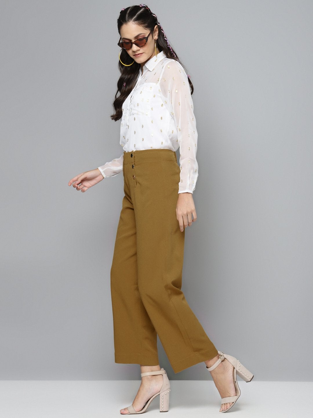 Women's Mustard Gold Button Detail Flared Pants - SASSAFRAS