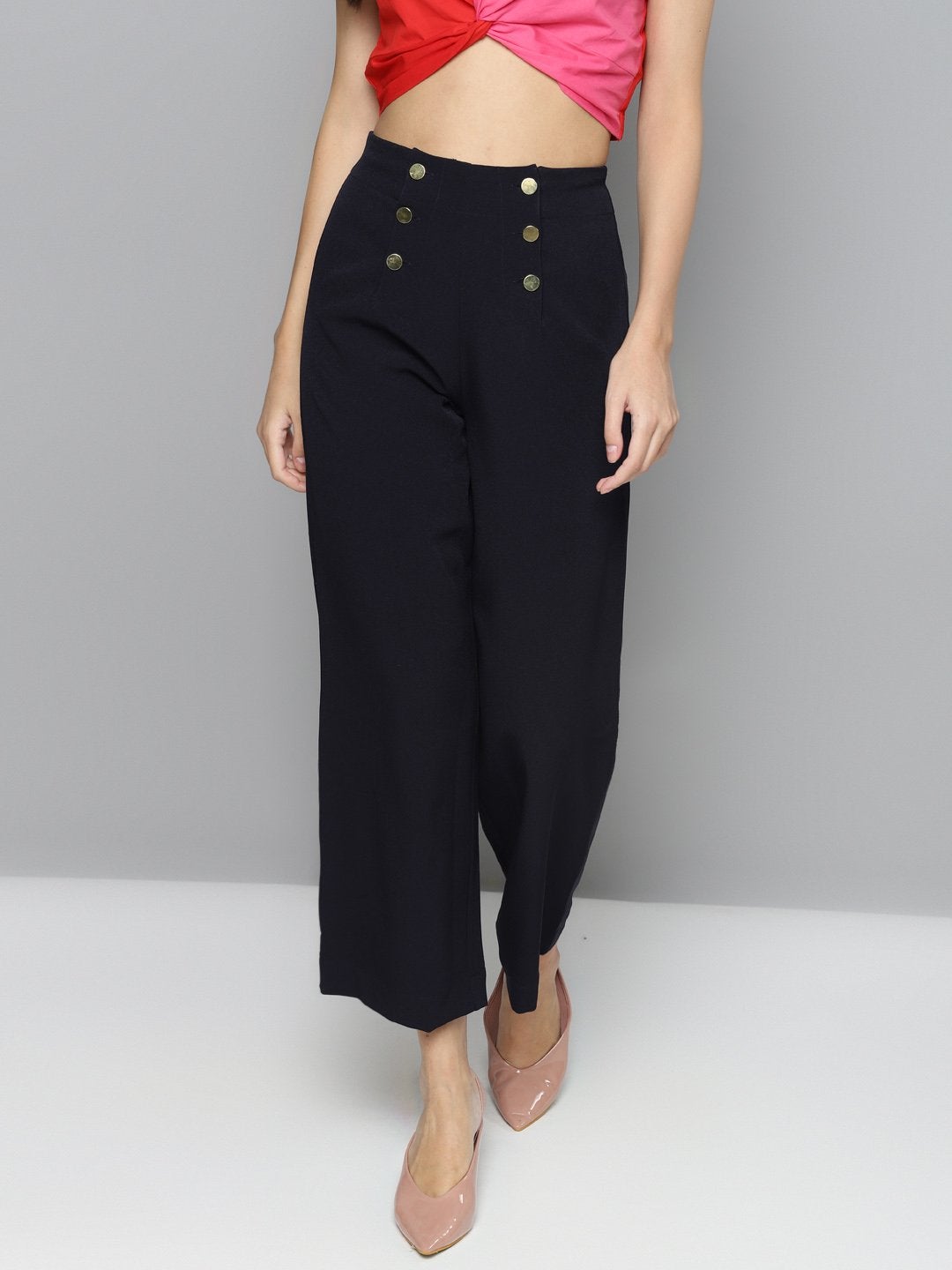 Women's Navy Gold Button Detail Flared Pants - SASSAFRAS